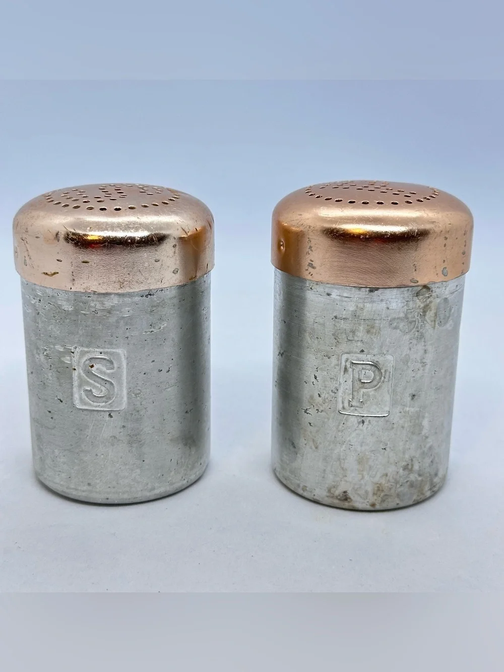 Vintage Spun  Aluminum Salt and Pepper Shakers with Copper-tone Lids Hong Kong